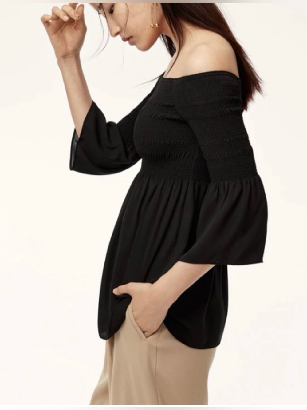 Babaton from Aritzia Grantland  Black Smocked Off-Shoulder Blouse
